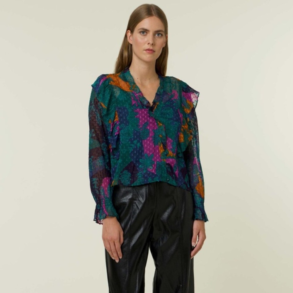 FRNCH “Janet” Green Artists Palette Pattern Frill Top Size Small